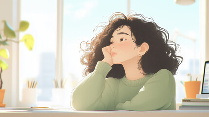 Thoughtful young woman daydreaming in a bright office