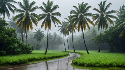 Tropical landscape of a coconut grove under heavy rain during the monsoon