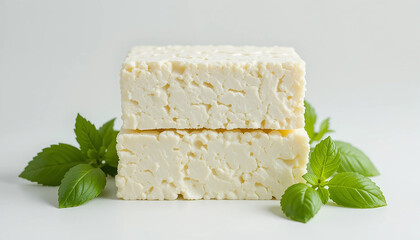 Two pieces of cheese garnished with fresh mint leaves on a white background