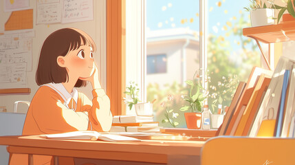 Thoughtful girl studying by a sunlit window