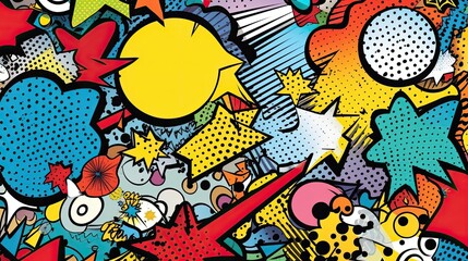 Fototapeta premium A bold and colorful pop art composition featuring vibrant comic book-style patterns, bright primary colors with black outlines