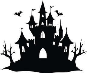 Halloween Castle Black Silhouette Vector Illustration. Spooky Gothic Mansion, Haunted Fortress Landscape for Horror Themes, Party Backdrops, and Storybook Designs