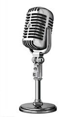 Shiny chrome vintage-style microphone with a mesh head, set on a rounded base, against a clean white background