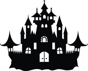 Obraz premium Halloween Castle Black Silhouette Vector Illustration. Spooky Gothic Mansion, Haunted Fortress Landscape for Horror Themes, Party Backdrops, and Storybook Designs