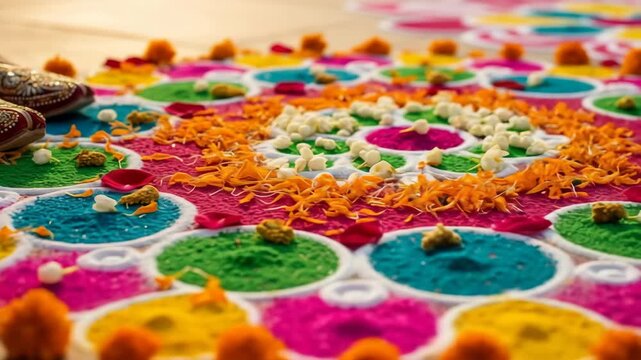 Vibrant Rangoli Design for Diwali and Deepavali Celebrations Colorful Powder and Flower Petals Arrangement