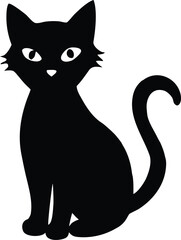 Halloween Cat Black Silhouette Vector Illustration. Spooky Scary Sitting Kitten, Creepy Animal Icon for Holiday Decor, Party Invitations, and Shirt Design