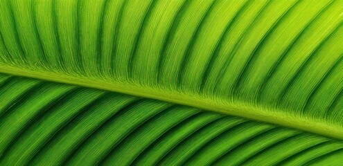 Close-up of a bright green leaf shows deeply textured veins running diagonally, creating a striped pattern with soft, natural lighting