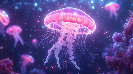 Ethereal jellyfish glowing in a vibrant underwater scene