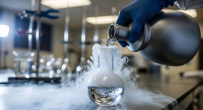 A scientist pours cryogenic liquid nitrogen from a dewar into a round-bottom flask, creating a cloud of cold vapor in a research laboratory.