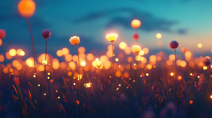 Enchanted glowing flowers in a twilight meadow