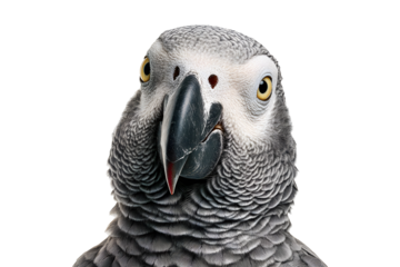 Close up of African grey parrot with curious expression isolated on transparent background