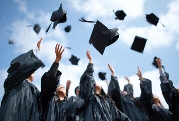 Graduates in black gowns celebrate, tossing caps into bright blue sky with wispy clouds, celebrating education and achievement