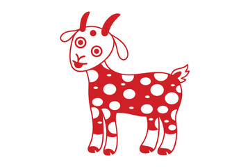 Cartoon red goat features cheerful expression and unique circular patterns across its body