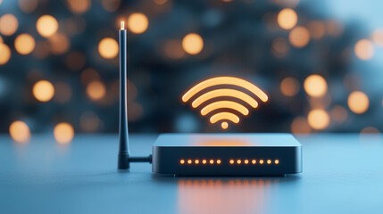 Modern Wi-Fi router with glowing signal icon on blurred background