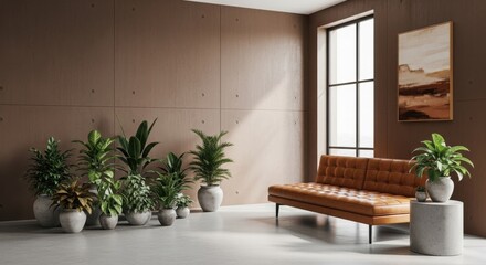 Fototapeta premium Modern living room with leather sofa, indoor plants, large window, and natural light