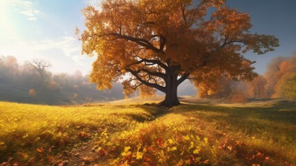 Naklejka premium A golden autumn landscape with vibrant orange, red, and yellow leaves scattered across a rolling meadow, a single large oak tree standing in the center