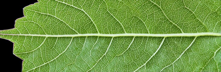 Detailed close-up of a vibrant green leaf featuring intricate vein patterns against a black background, showcasing botanical texture