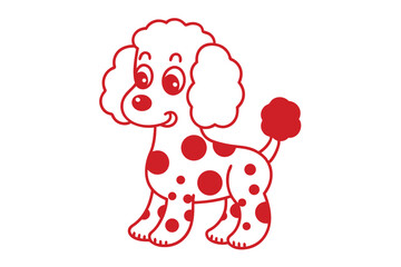 Cartoon red poodle with white fur is covered in red spots standing calmly