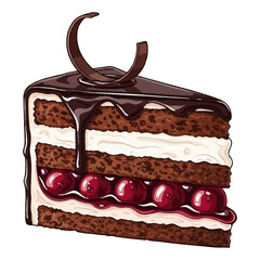 A delectable slice of chocolate cake with creamy layers, a center of cherries in jam, and a drizzling chocolate glaze on top