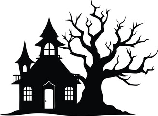 Haunted House Silhouette with Gnarled Tree and Moon for Halloween Designs