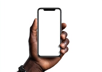 Dark skin arm holds a black-rimmed smartphone with a blank white screen against an isolated bright white background