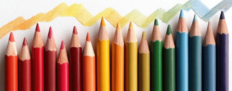 A set of colorful pencils arranged in a row, with zigzag pencil strokes above, on a white background