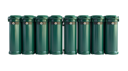Rows of green metal garbage and recycling bins in a public urban isolated on a transparent background