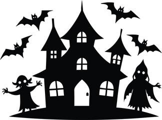 Haunted House Silhouette with Gnarled Tree and Moon for Halloween Designs