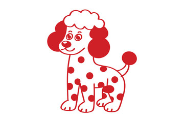 Cartoon red poodle smiles with polka dots and stands isolated on a clean white backdrop
