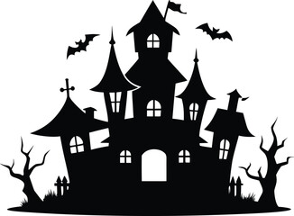 Haunted House Silhouette with Gnarled Tree and Moon for Halloween Designs