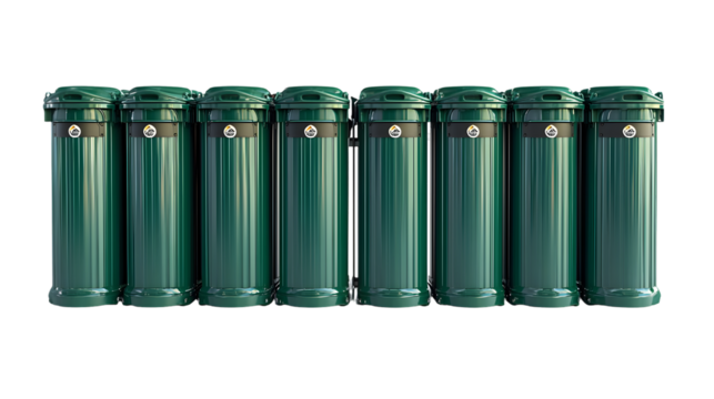 Rows of green metal garbage and recycling bins in a public urban isolated on a transparent background