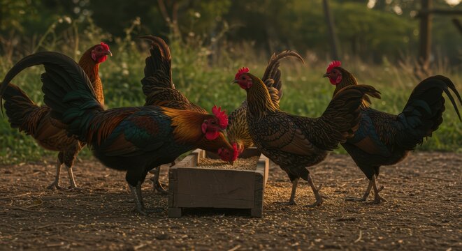 Free range chickens eating