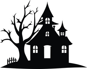 Spooky Halloween House and Tree Silhouette Vector Illustration