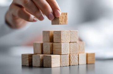 Hand places a wood block onto a pyramid-like structure of wood blocks, blurred background