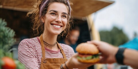 Smiling woman in apron serving a fresh burger at outdoor food truck market, capturing street food culture and casual lifestyle in a friendly, authentic moment.