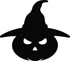 Black Silhouette of Pumpkin with Top Hat, Vector Jack o Lantern Graphic for Halloween Party Design. 