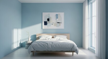 Fototapeta premium Minimalist bedroom with soft blue walls, modern bed and natural sunlight