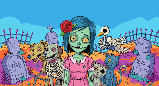 Halloween cemetery scene, a spooky landscape with zombie girl, pets, and tombstones, Halloween cemetery art is perfect for cards. Cemetery art with a zombie girl in pink dress, pets in zombie style,