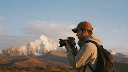 Photographer capturing a mountainous landscape under a clear sky