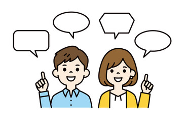 様々な吹き出しと、20代・30代の男性と女性のかわいい上半身ベクターイラスト素材＿カラー