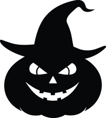 Halloween Pumpkin Silhouette in Witch Hat, Spooky Vector Illustration, Scary Holiday Decoration Element