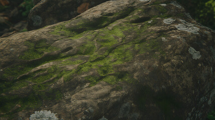 Naklejka premium A close-up view of a large, weathered rock formation covered in patches of vibrant green moss and pale lichen.