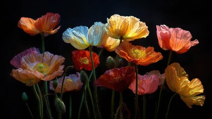 Floral display featuring vibrant poppies in shades of orange, yellow, red, and white against a dark background