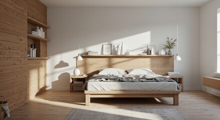 Modern Bedroom Interior with Wooden Bed and Decor.