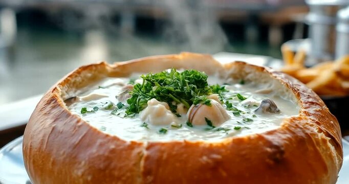 Delicious creamy seafood chowder in a bread bowl