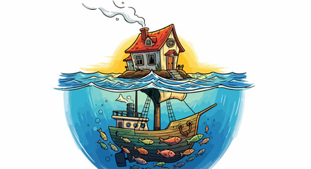 Naklejka premium House on boat floating at sea. Floating house above vintage vessel blends nautical elements. Dreamlike house on boat for conceptual storytelling about maritime adventures,