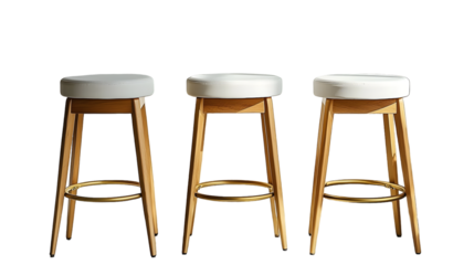 Set of contemporary minimalist wooden stools with white tops isolated on a transparent background