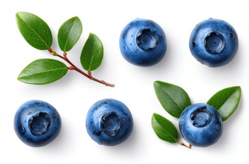 A collection of fresh blueberries and green leaves arranged on a white background, shot from above