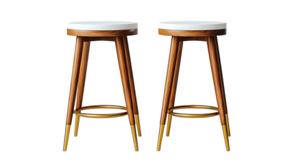 Set of contemporary minimalist wooden stools with white tops isolated on a transparent background