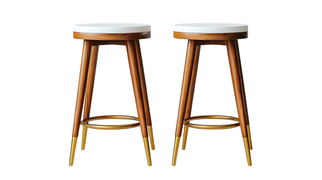 Set of contemporary minimalist wooden stools with white tops isolated on a transparent background